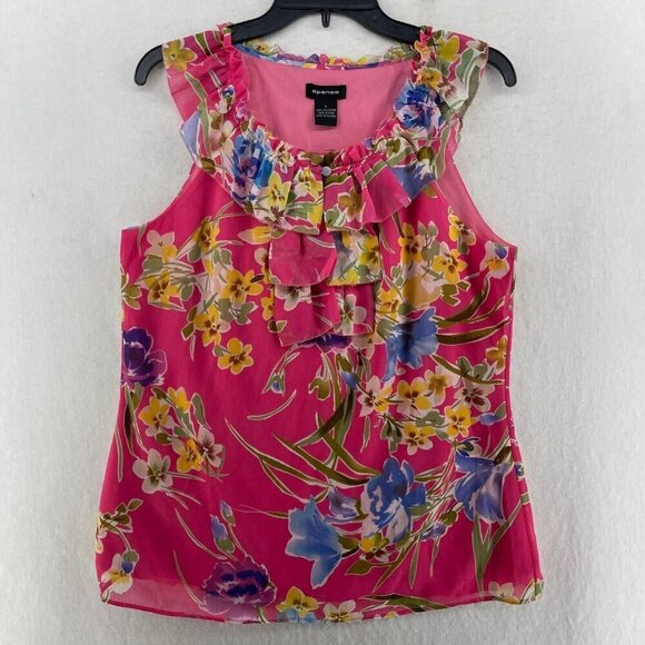 Spense Blouse Women's Sz L Pink Floral Ruffle Pleated Round Neck Regular Fit - Picture 1 of 12
